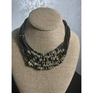 Multi-Strand Black Cord Necklace With Gold & Silver Beads For Women